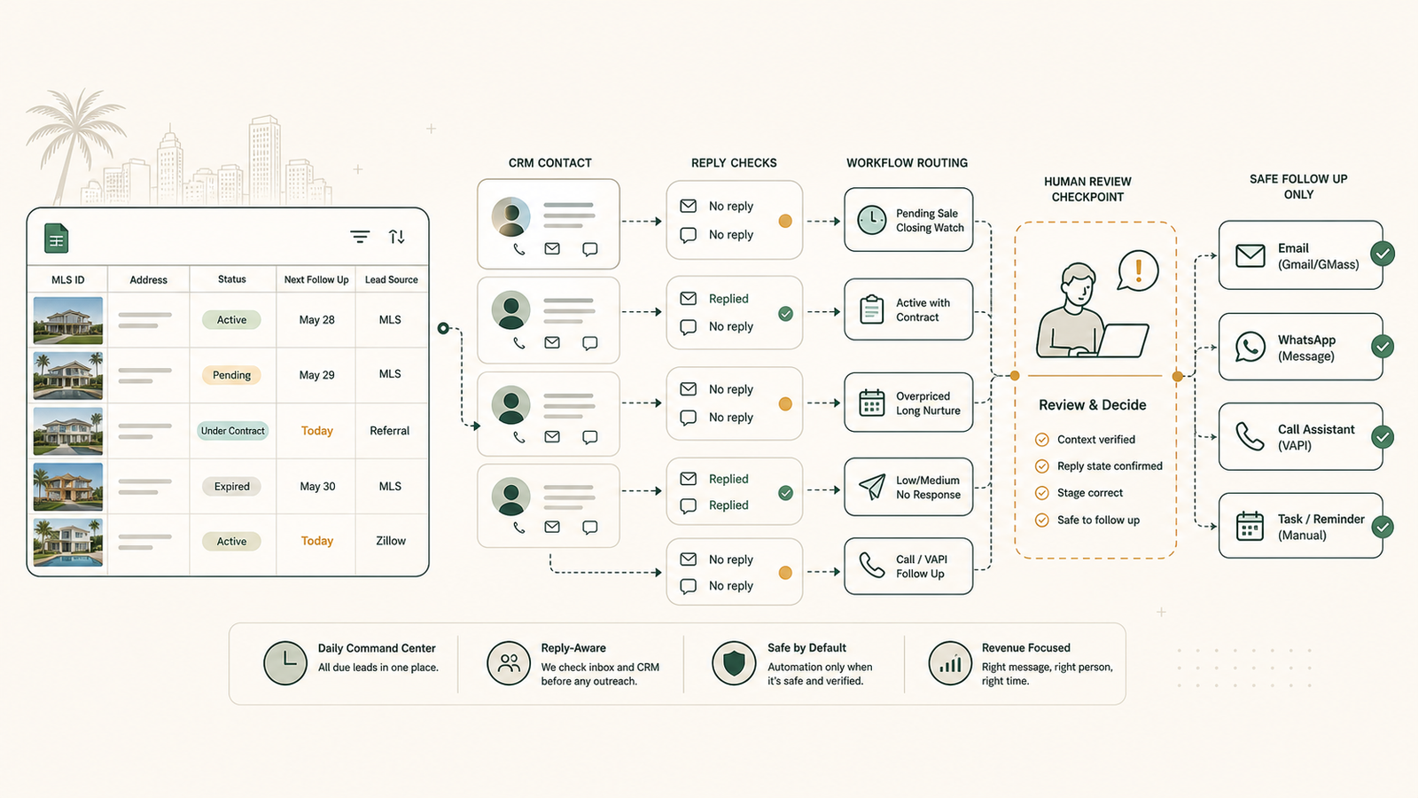 Abstract workflow poster for a real estate follow-up command center.