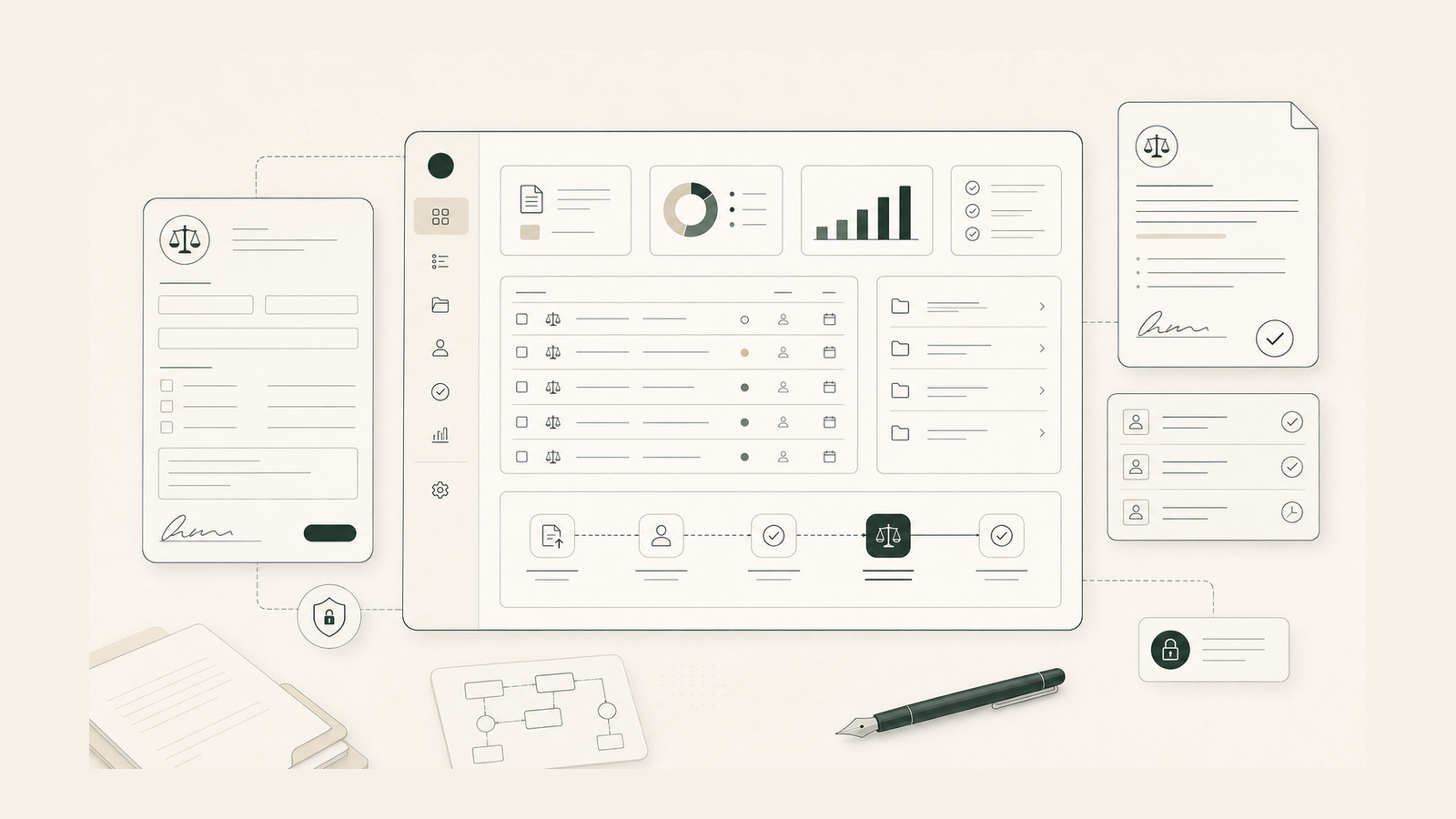 Abstract workflow poster for a legal automation dashboard.