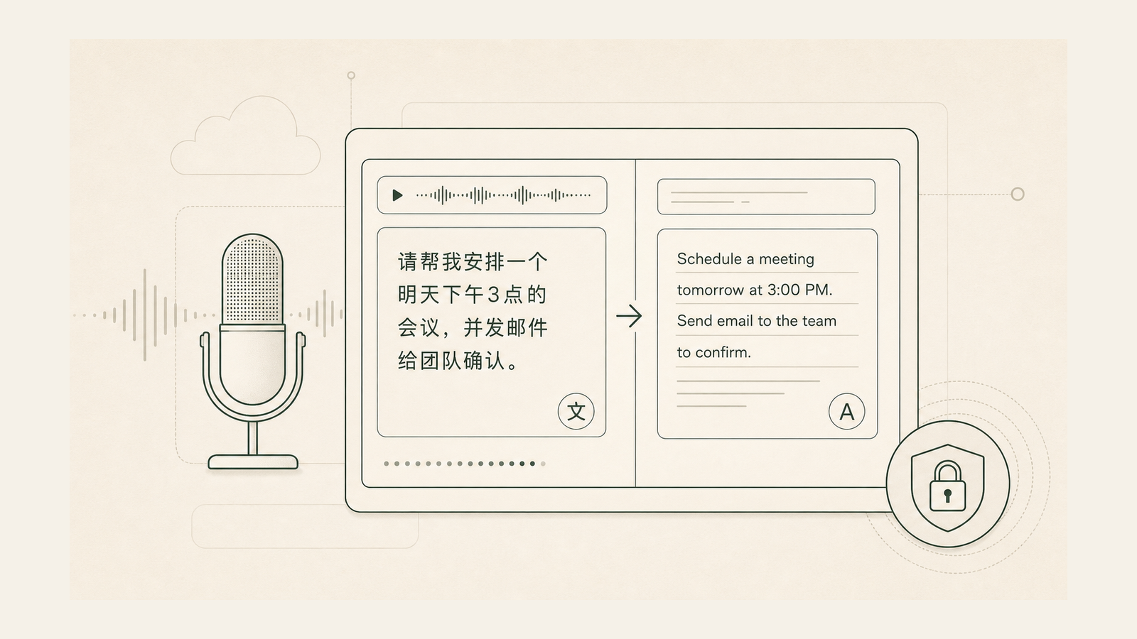 Abstract workflow poster for a Mandarin meeting translation app.