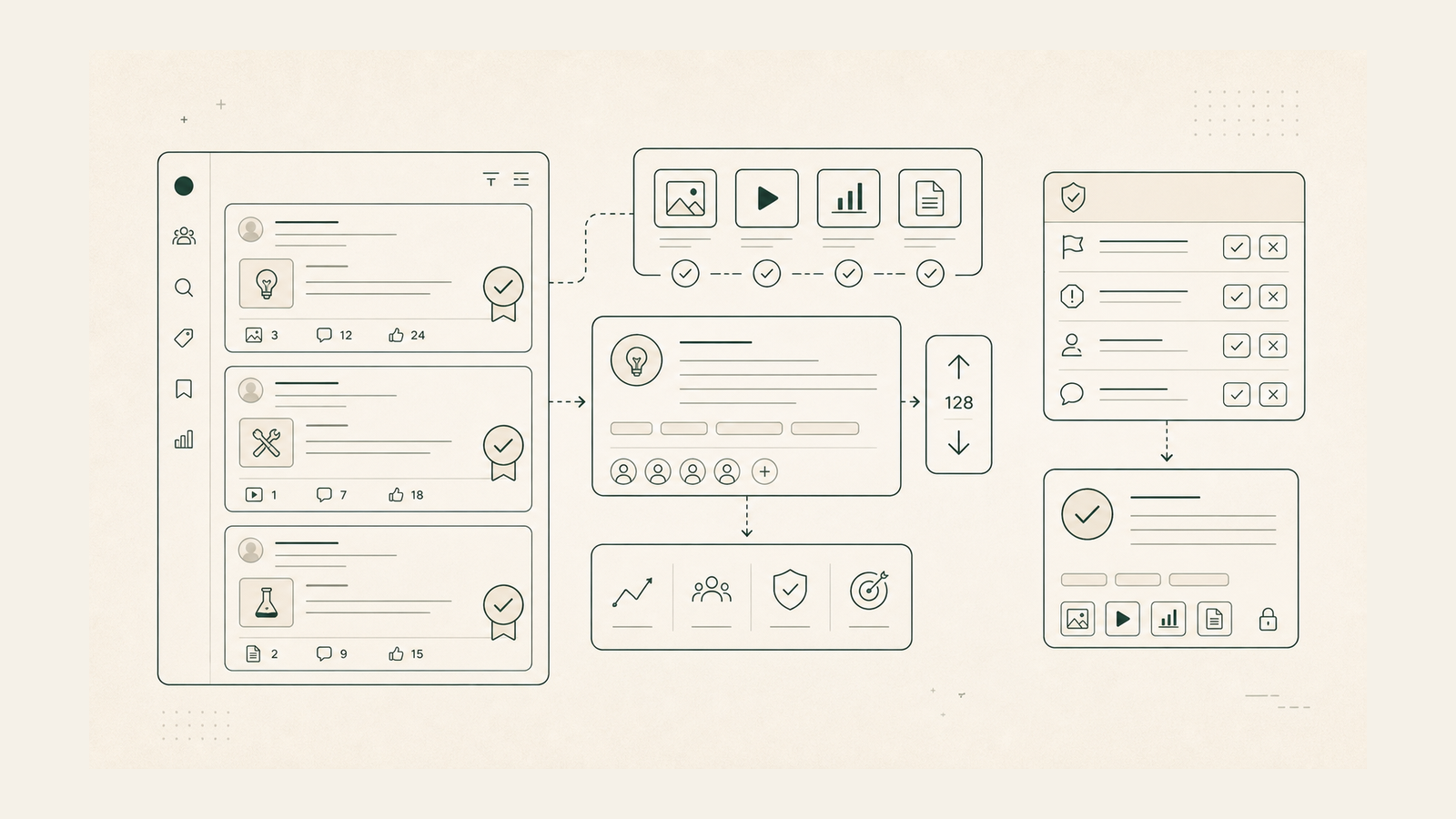 Abstract workflow poster for a community-verified solutions app.